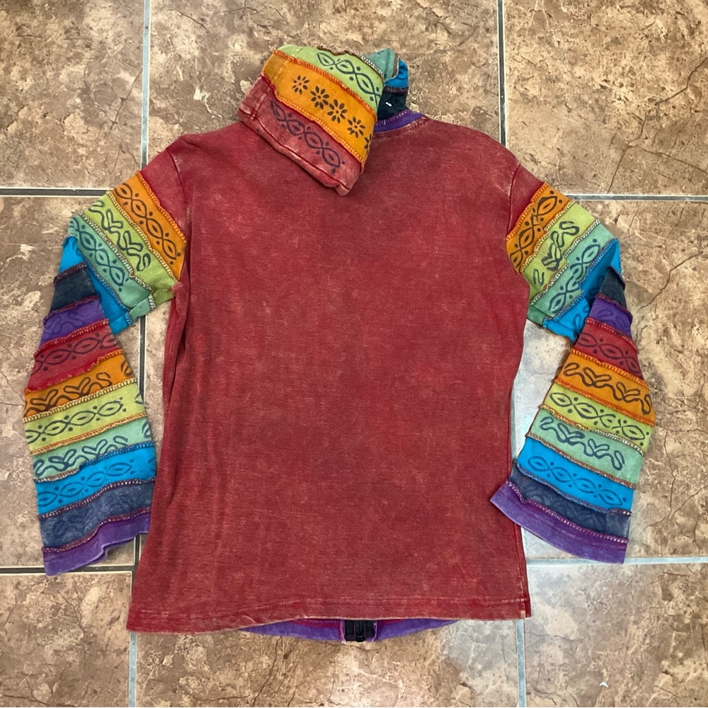 Women’s Red Hooded Zip Jacket with Rainbow Trim - Picture 6 of 7